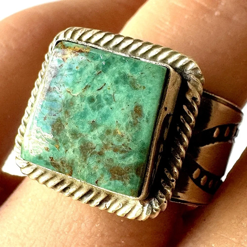 Navajo Mens Turquoise Ring Sz 9 Signed Tillie Jon Sterling Wide Band Native